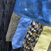 Load image into Gallery viewer, distressed denim + blue yellow sailing tie skirt, (size 1)
