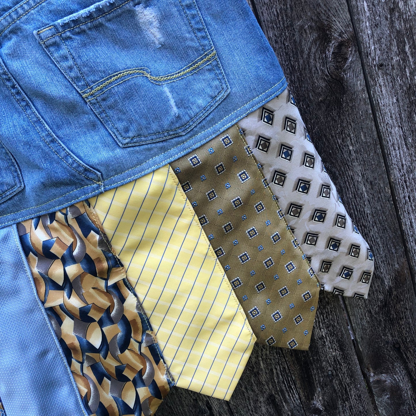 distressed denim + blue yellow sailing tie skirt, (size 1)