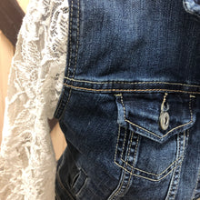 Load image into Gallery viewer, dark crisp denim jacket + lace sleeves
