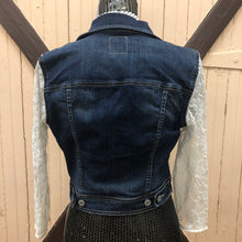 Load image into Gallery viewer, dark crisp denim jacket + lace sleeves
