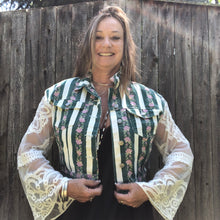 Load image into Gallery viewer, lace, fringe + green stripped floral denim jacket
