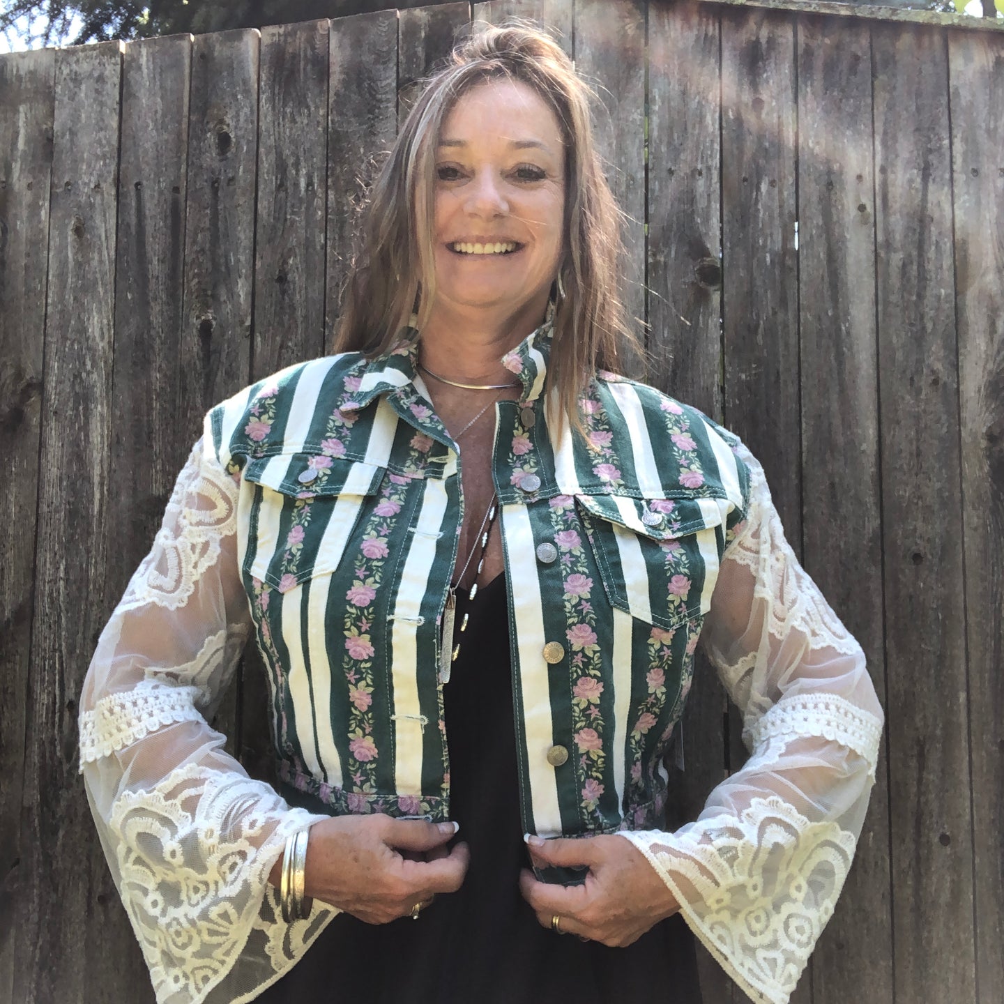 lace, fringe + green stripped floral denim jacket