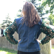 Load image into Gallery viewer, emerald crochet + dark blue denim jacket
