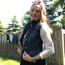 Load image into Gallery viewer, dark crisp denim jacket + lace sleeves
