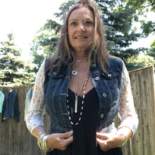 Load image into Gallery viewer, dark crisp denim jacket + lace sleeves
