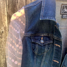 Load image into Gallery viewer, lavender bubbles + dark blue denim jacket
