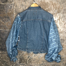 Load image into Gallery viewer, cornflower blues balloon belled zip distressed denim jacket
