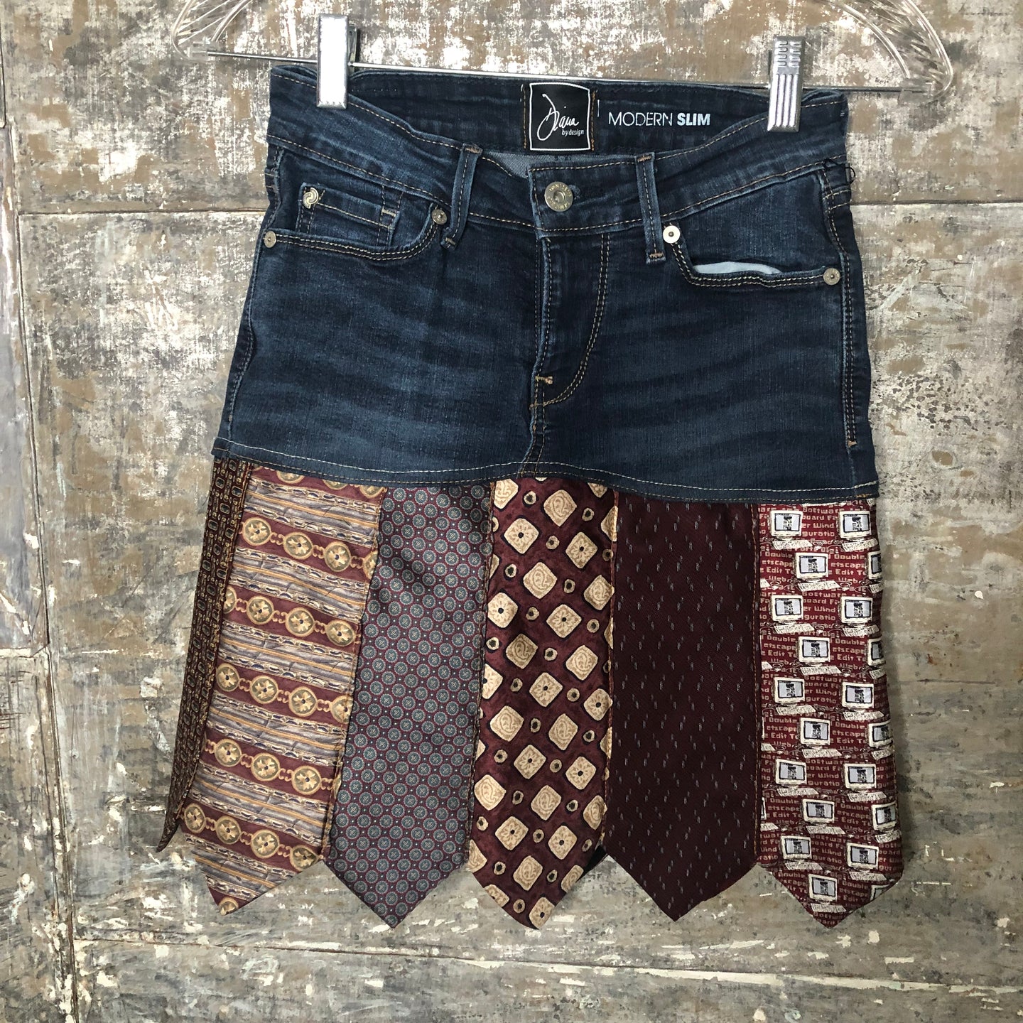 dark whiskered denim + burgundy digital tie skirt, (size 25)