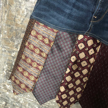 Load image into Gallery viewer, dark whiskered denim + burgundy digital tie skirt, (size 25)
