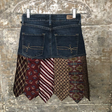 Load image into Gallery viewer, dark whiskered denim + burgundy digital tie skirt, (size 25)
