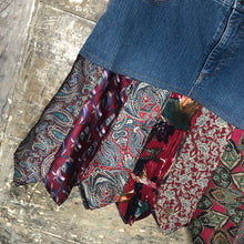 Load image into Gallery viewer, plenty of paisleys red tie + denim skirt, (size 12)
