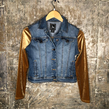 Load image into Gallery viewer, golden velvet, fringe + cropped denim jacket
