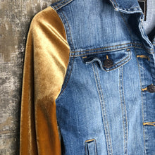 Load image into Gallery viewer, golden velvet, fringe + cropped denim jacket
