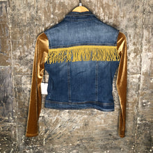 Load image into Gallery viewer, golden velvet, fringe + cropped denim jacket
