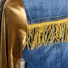 Load image into Gallery viewer, golden velvet, fringe + cropped denim jacket
