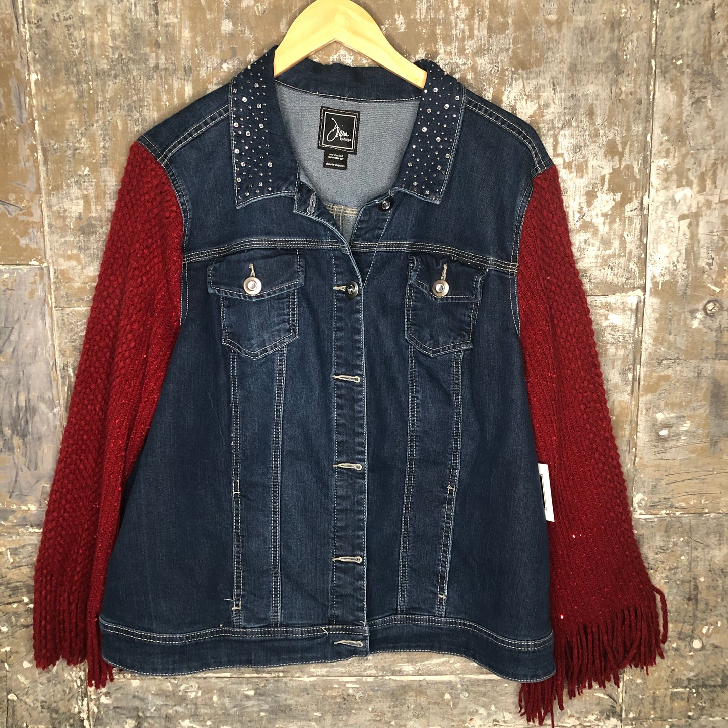 cuddly cranberry knit + blinged blue denim jacket, 2x