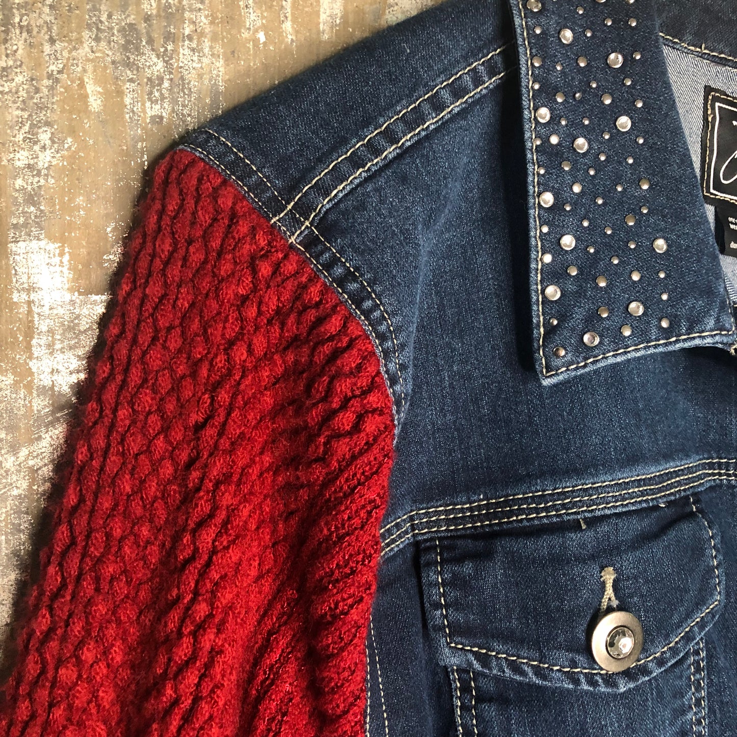 cuddly cranberry knit + blinged blue denim jacket, 2x