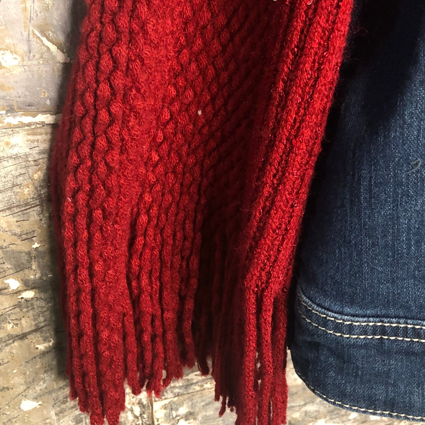 cuddly cranberry knit + blinged blue denim jacket, 2x