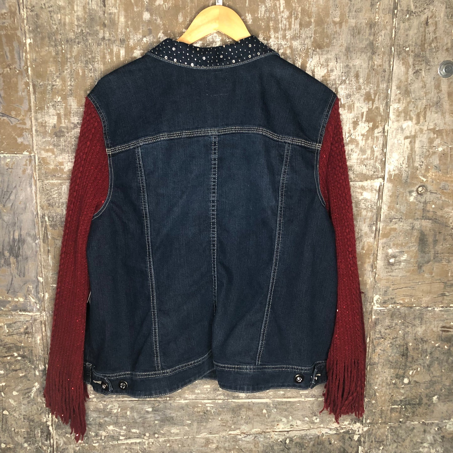 cuddly cranberry knit + blinged blue denim jacket, 2x