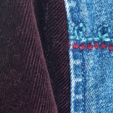 Load image into Gallery viewer, feminine paisley embroidered denim + deep plum corduroy
