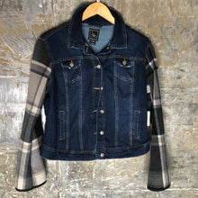 Load image into Gallery viewer, black, gray plaid fleece + denim jacket
