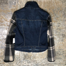Load image into Gallery viewer, black, gray plaid fleece + denim jacket
