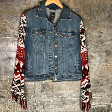 Load image into Gallery viewer, navajo aztek fringed knit + distressed denim jacket
