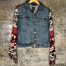 Load image into Gallery viewer, navajo aztek fringed knit + distressed denim jacket
