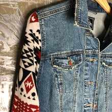 Load image into Gallery viewer, navajo aztek fringed knit + distressed denim jacket
