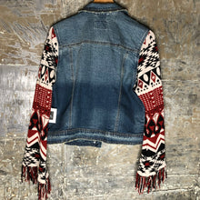 Load image into Gallery viewer, navajo aztek fringed knit + distressed denim jacket
