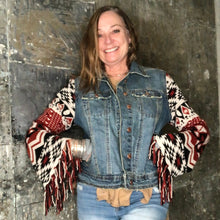 Load image into Gallery viewer, navajo aztek fringed knit + distressed denim jacket
