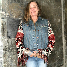 Load image into Gallery viewer, navajo aztek fringed knit + distressed denim jacket
