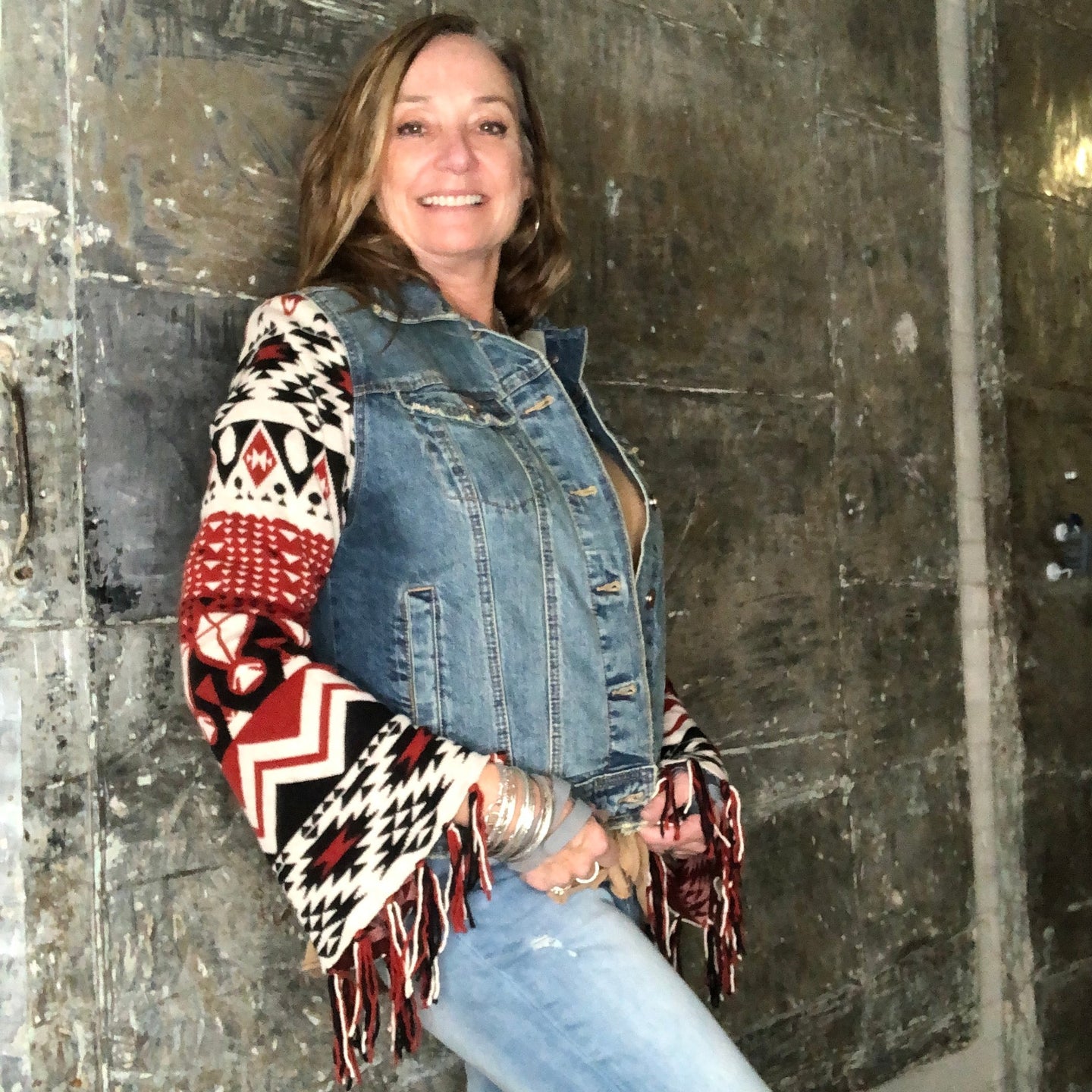 navajo aztek fringed knit + distressed denim jacket