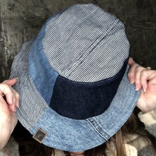 Load image into Gallery viewer, stripes. solids. denim patchwork reversible bucket hat
