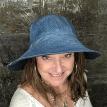 Load image into Gallery viewer, dark denim + blue denim reversible sun hat
