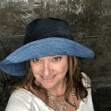 Load image into Gallery viewer, dark denim + blue denim reversible sun hat
