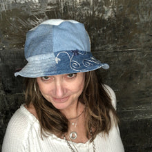 Load image into Gallery viewer, arty patchwork denim, cord + light denim reversible bucket hat
