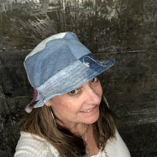 Load image into Gallery viewer, arty patchwork denim, cord + light denim reversible bucket hat
