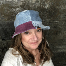 Load image into Gallery viewer, arty patchwork denim, cord + light denim reversible bucket hat
