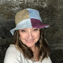 Load image into Gallery viewer, arty patchwork denim, cord + light denim reversible bucket hat
