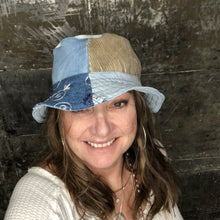 Load image into Gallery viewer, arty patchwork denim, cord + light denim reversible bucket hat
