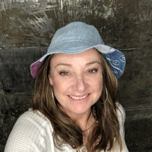 Load image into Gallery viewer, arty patchwork denim, cord + light denim reversible bucket hat
