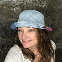 Load image into Gallery viewer, arty patchwork denim, cord + light denim reversible bucket hat
