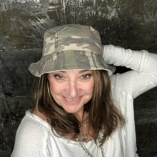 Load image into Gallery viewer, army camo + white denim reversible bucket hat

