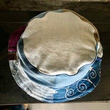 Load image into Gallery viewer, arty patchwork denim, cord + light denim reversible bucket hat
