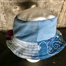 Load image into Gallery viewer, arty patchwork denim, cord + light denim reversible bucket hat
