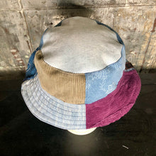Load image into Gallery viewer, arty patchwork denim, cord + light denim reversible bucket hat
