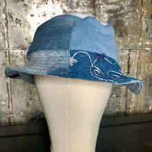 Load image into Gallery viewer, arty patchwork denim, cord + light denim reversible bucket hat
