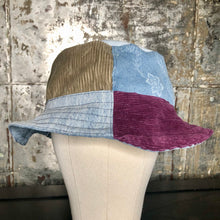 Load image into Gallery viewer, arty patchwork denim, cord + light denim reversible bucket hat
