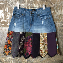 Load image into Gallery viewer, whiskered denim + purple plum tie skirt, (size 4)
